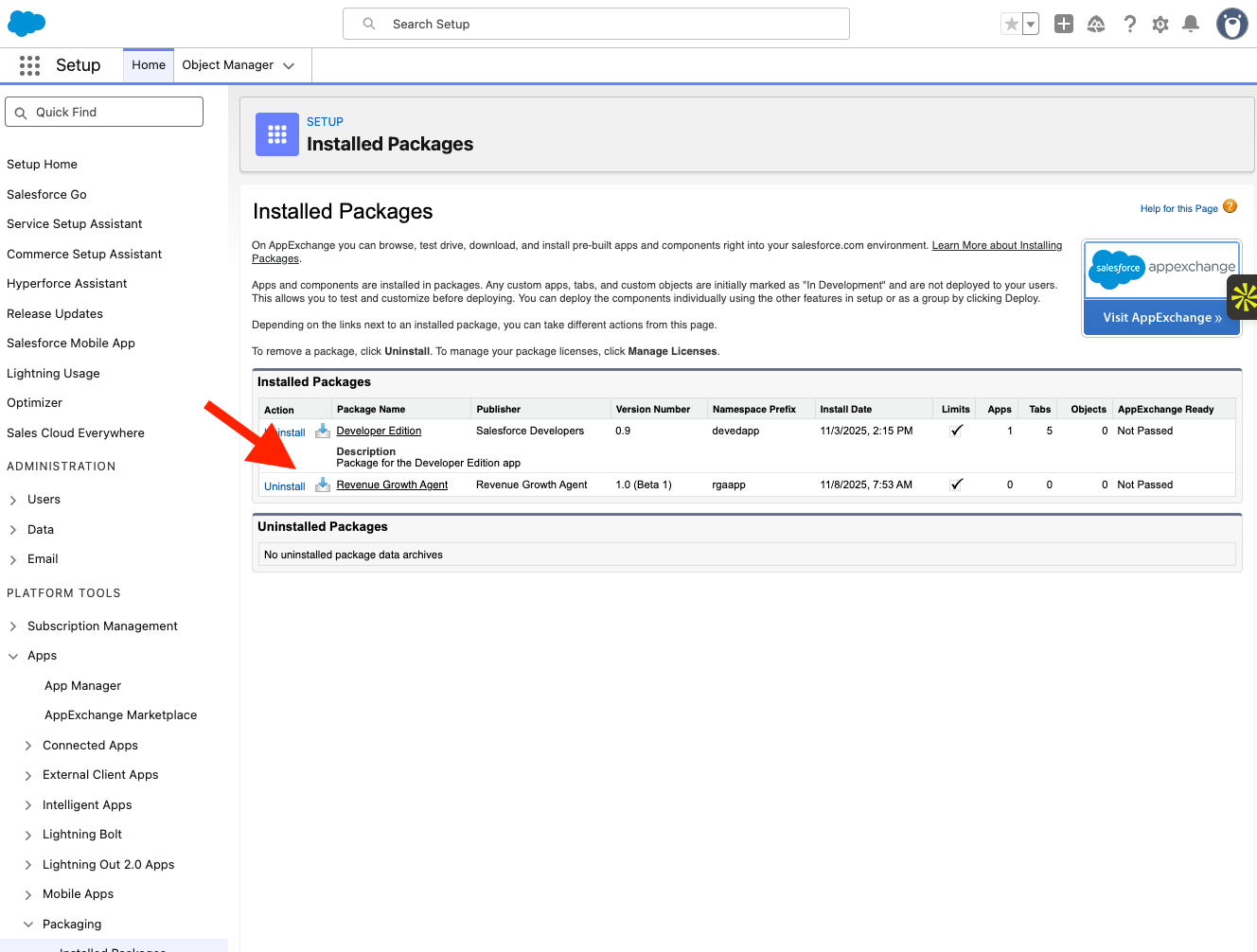 Installed Packages showing Revenue Growth Agent