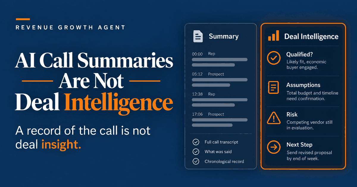 Two side-by-side panels contrast a call Summary &mdash; a chronological transcript of what was said &mdash; with Deal Intelligence, which instead answers whether the deal is qualified, which assumptions still need confirmation, what risk is present, and what the next step is.