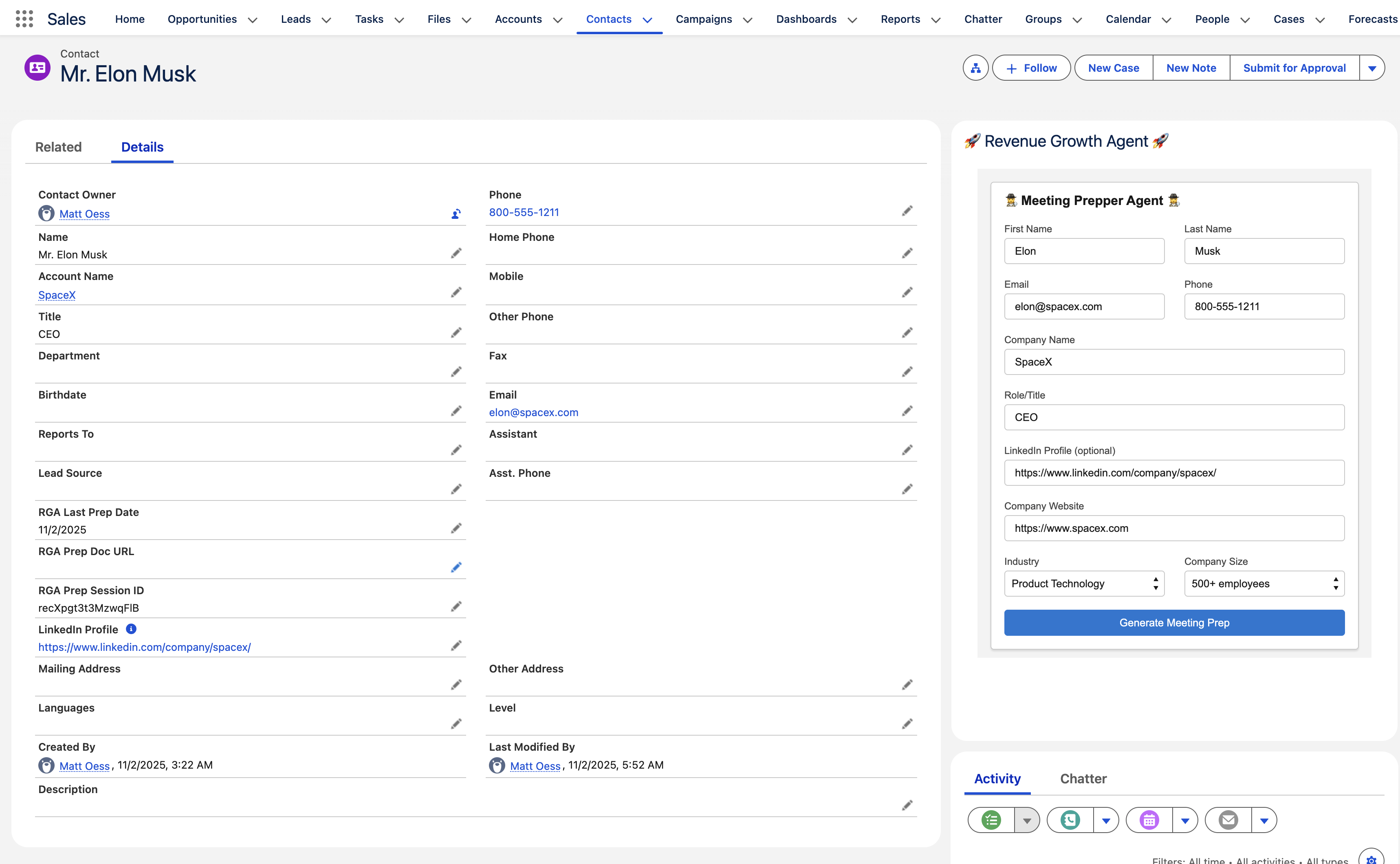 Revenue Growth Agent Meeting Prepper embedded in Salesforce Contact record - showing Mr. Elon Musk contact with Meeting Prepper Agent form pre-filled with contact data