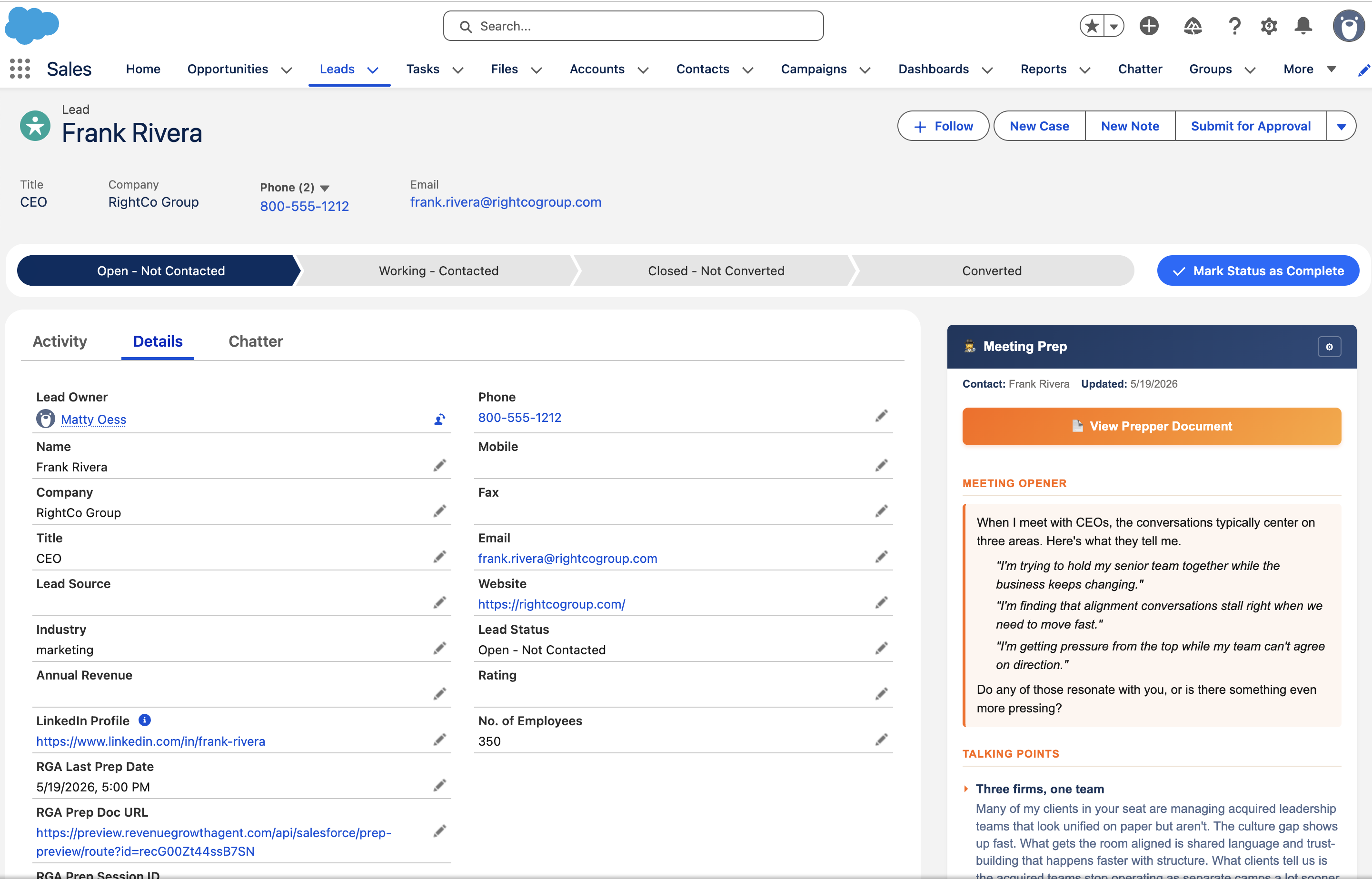 Revenue Growth Agent Meeting Prep card embedded in a Salesforce Lead record, showing the generated meeting opener and talking points alongside the lead's details, with the prep document URL synced back to Salesforce
